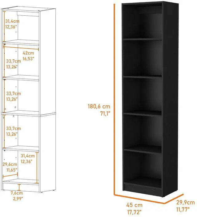 Alt view image 3 of 7 - Sutton Slim Bookcase with Modern 5-Shelf Design