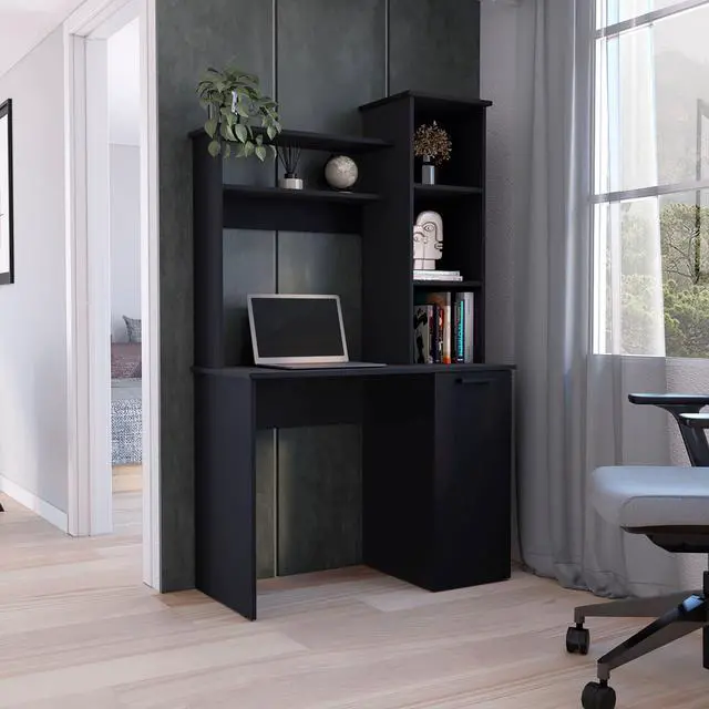 Main image of Muncy Computer Desk with Ample Work Surface, Hutch Storage and Single Door Cabinet with 3-Tier Shelves, White