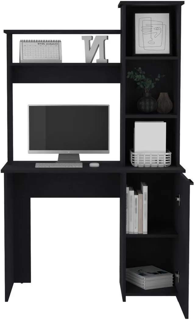 Alt view image 4 of 6 - Muncy Computer Desk with Ample Work Surface, Hutch Storage and Single Door Cabinet with 3-Tier Shelves, White