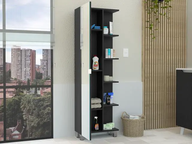 Alt view image 3 of 6 - Urano Mirror Linen Cabinet, Four Interior  Shelves, Five External Shelves -Black