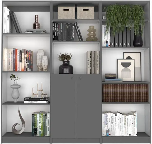 Alt view image 2 of 7 - Aynor 3 Piece Home Bookcase set, 74" Wide with 12 Shelves and 2-door Cabinet ,  Living Room Set  Matt Gray / White