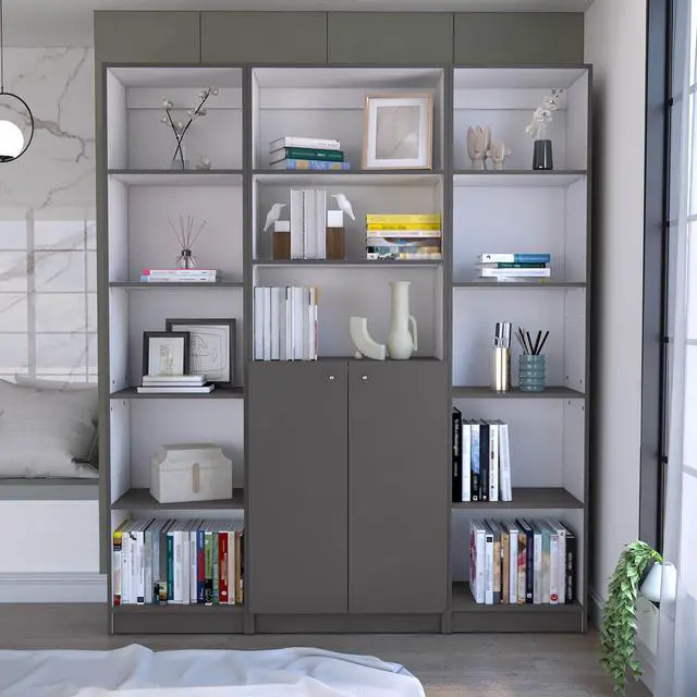 Main image of June 3 Piece Home Bookcase set, 60" Wide with 13 Shelves and 2-door Cabinet ,  Living Room Set  Matt Gray / White