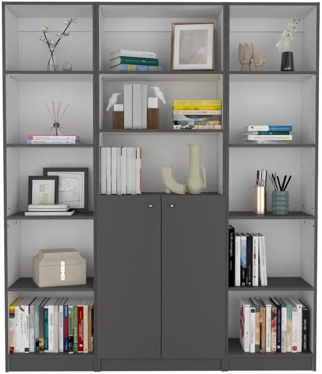 Alt view image 2 of 7 - June 3 Piece Home Bookcase set, 60" Wide with 13 Shelves and 2-door Cabinet ,  Living Room Set  Matt Gray / White