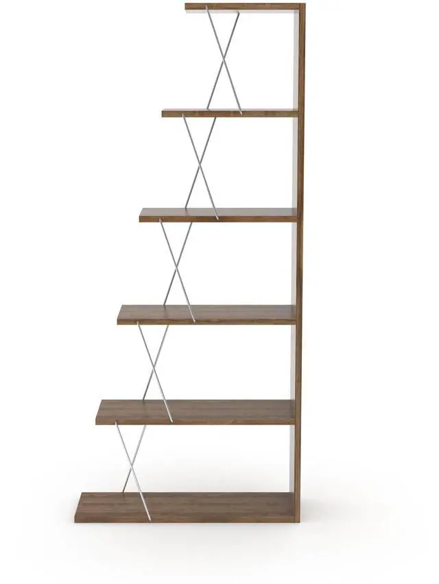 Alt view image 2 of 7 - Furnish Home Store Modern 5 Tier Ladder Bookshelf Organizers, Narrow Bookshelf for Small Spaces Office Furniture Bookcase ,Walnut/Chrome