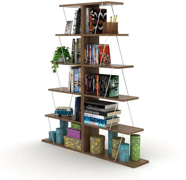 Alt view image 4 of 7 - Furnish Home Store Modern 5 Tier Ladder Bookshelf Organizers, Narrow Bookshelf for Small Spaces Office Furniture Bookcase ,Walnut/Chrome