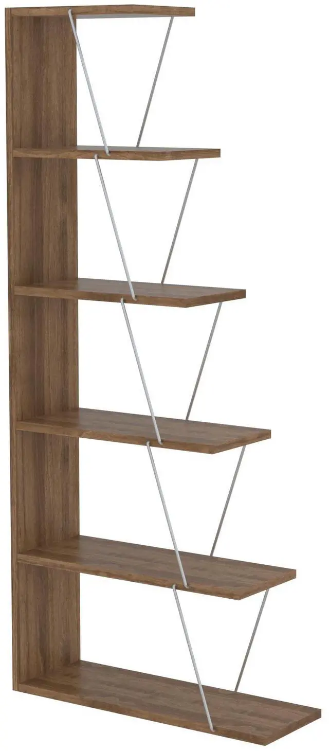 Alt view image 3 of 7 - Furnish Home Store Modern 5 Tier Ladder Bookshelf Organizers, Narrow Bookshelf for Small Spaces Office Furniture Bookcase ,Walnut/Chrome