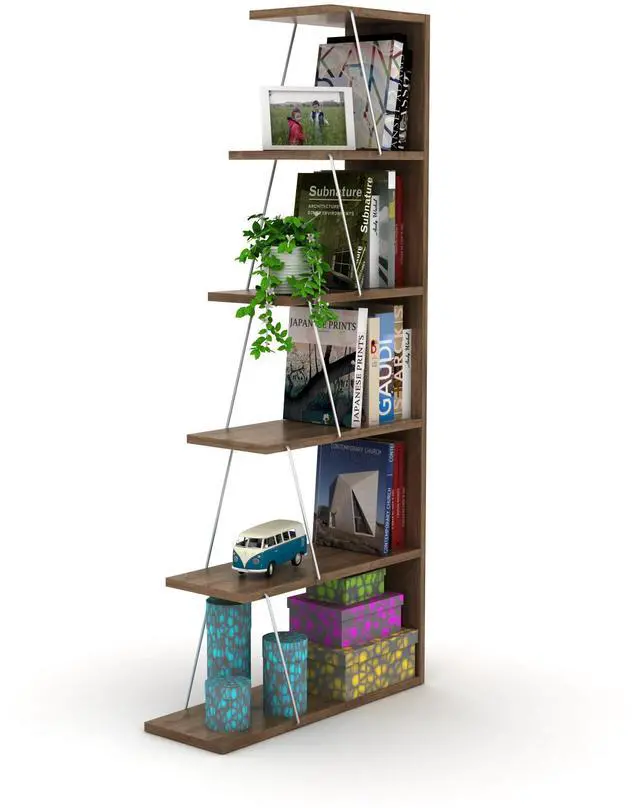 Alt view image 6 of 7 - Furnish Home Store Modern 5 Tier Ladder Bookshelf Organizers, Narrow Bookshelf for Small Spaces Office Furniture Bookcase ,Walnut/Chrome