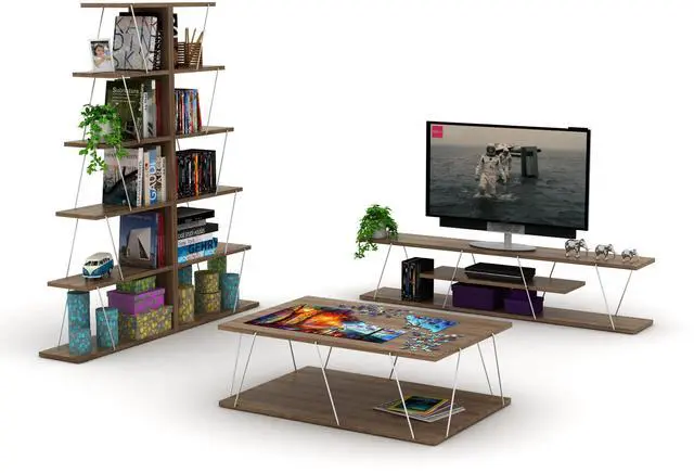 Alt view image 7 of 7 - Furnish Home Store Modern 5 Tier Ladder Bookshelf Organizers, Narrow Bookshelf for Small Spaces Office Furniture Bookcase ,Walnut/Chrome