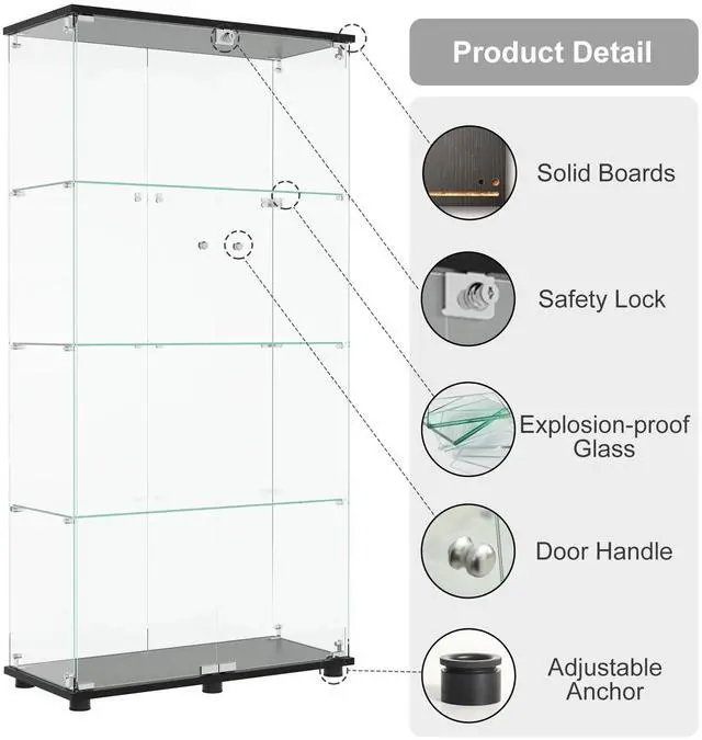 Alt view image 4 of 7 - Glass Display Cabinet with 4-Shelf Double Doors and Lock, Curio Cabinet 5mm Tempered Glass Floor Standing Bookshelf for Living Room, Bedroom, Office, 64 x 31.7 x 14.3 in, Black