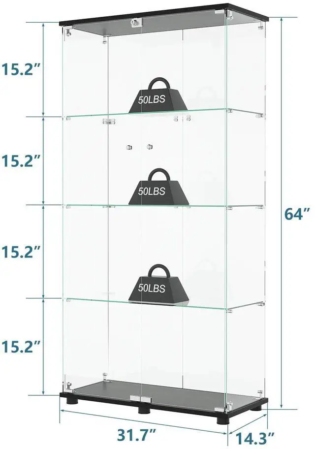 Alt view image 2 of 7 - Glass Display Cabinet with 4-Shelf Double Doors and Lock, Curio Cabinet 5mm Tempered Glass Floor Standing Bookshelf for Living Room, Bedroom, Office, 64 x 31.7 x 14.3 in, Black