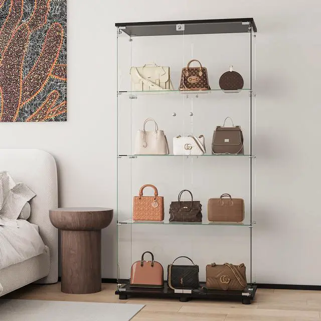 Alt view image 7 of 7 - Glass Display Cabinet with 4-Shelf Double Doors and Lock, Curio Cabinet 5mm Tempered Glass Floor Standing Bookshelf for Living Room, Bedroom, Office, 64 x 31.7 x 14.3 in, Black