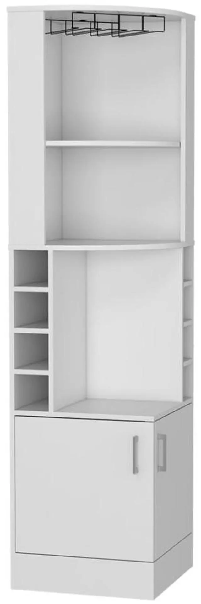Alt view image 2 of 5 - Corner bar cabinet 71" H, with two shelves at the top, 1 glass holder, 8 exterior bottle racks, 1 central shelf and a lower drawer with 2 side doors, white