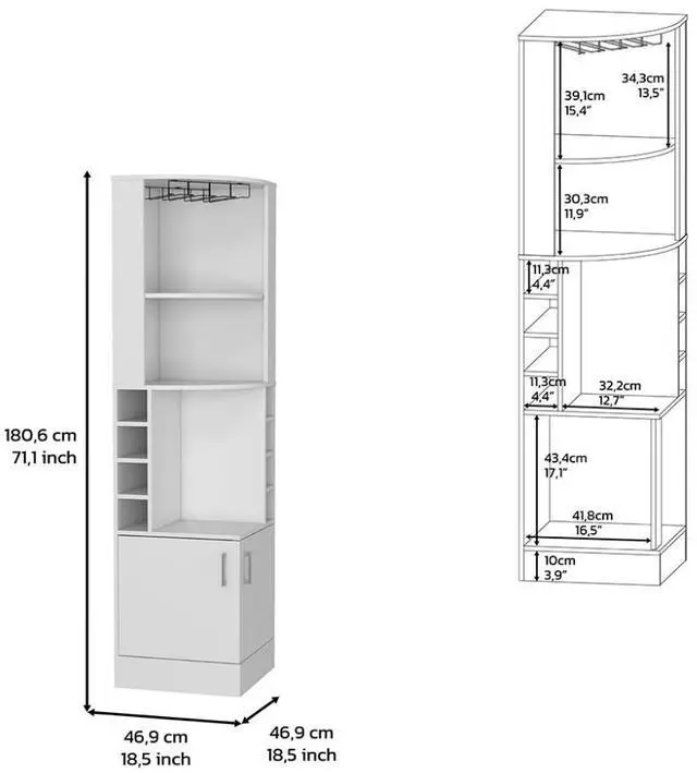Alt view image 5 of 5 - Corner bar cabinet 71" H, with two shelves at the top, 1 glass holder, 8 exterior bottle racks, 1 central shelf and a lower drawer with 2 side doors, white
