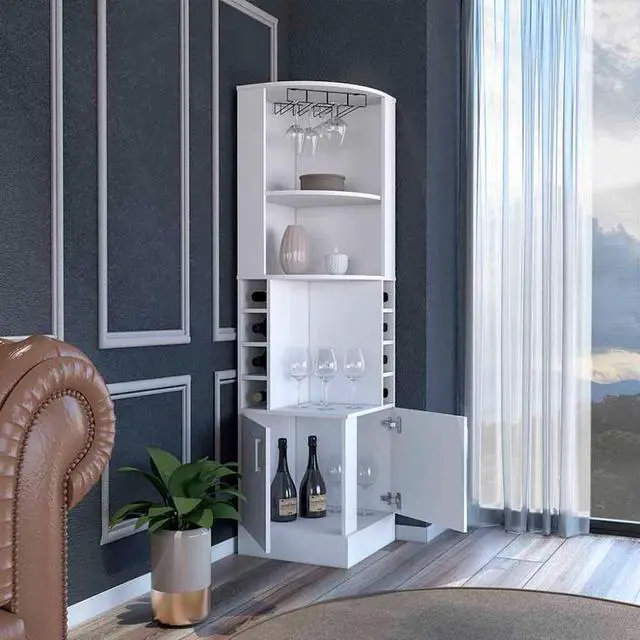Alt view image 3 of 5 - Corner bar cabinet 71" H, with two shelves at the top, 1 glass holder, 8 exterior bottle racks, 1 central shelf and a lower drawer with 2 side doors, white
