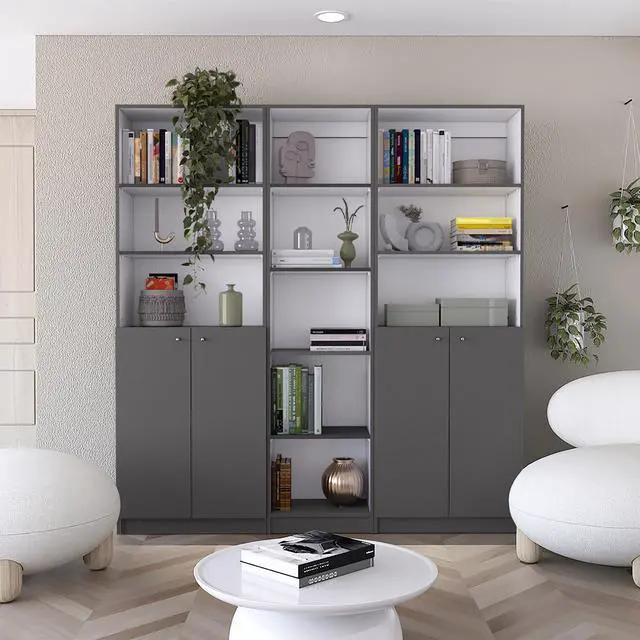 Main image of Acres 3 Piece Home Bookcase set, 67" Wide with 11 Shelves and Two Double-Door Cabinet ,  Living Room Set  Matt Gray / White