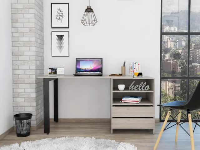 Main image of Malaui 120 Desk, Two Legs, Two Drawers, Two Shelves -Light Gray