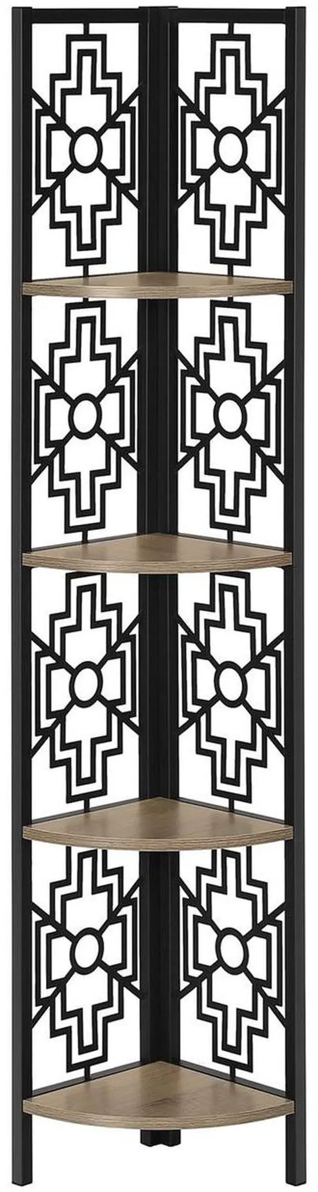 Alt view image 2 of 7 - Bookshelf, Bookcase, Etagere, Corner, 4 Tier, 62"h, Office, Bedroom, Brown Laminate, Black Metal, Transitional