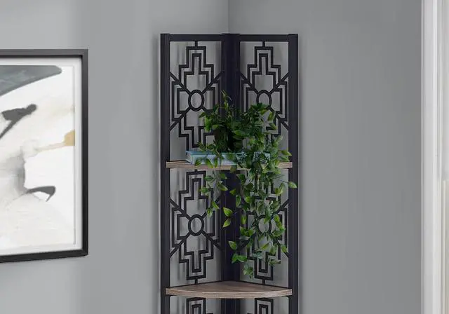 Alt view image 3 of 7 - Bookshelf, Bookcase, Etagere, Corner, 4 Tier, 62"h, Office, Bedroom, Brown Laminate, Black Metal, Transitional