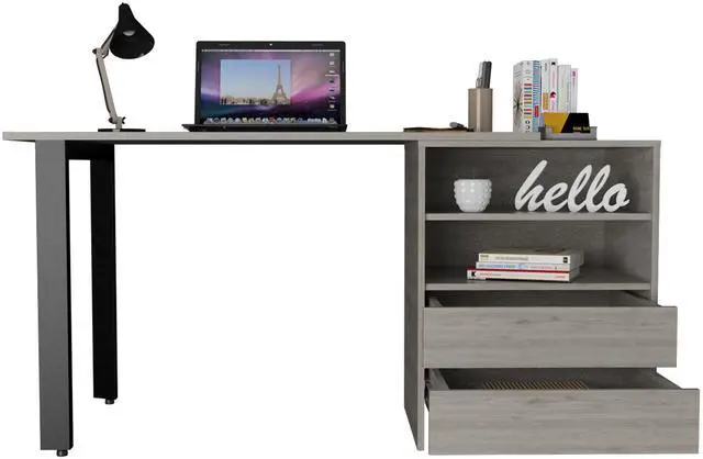 Alt view image 6 of 7 - Malaui 120 Desk, Two Legs, Two Drawers, Two Shelves -Light Gray