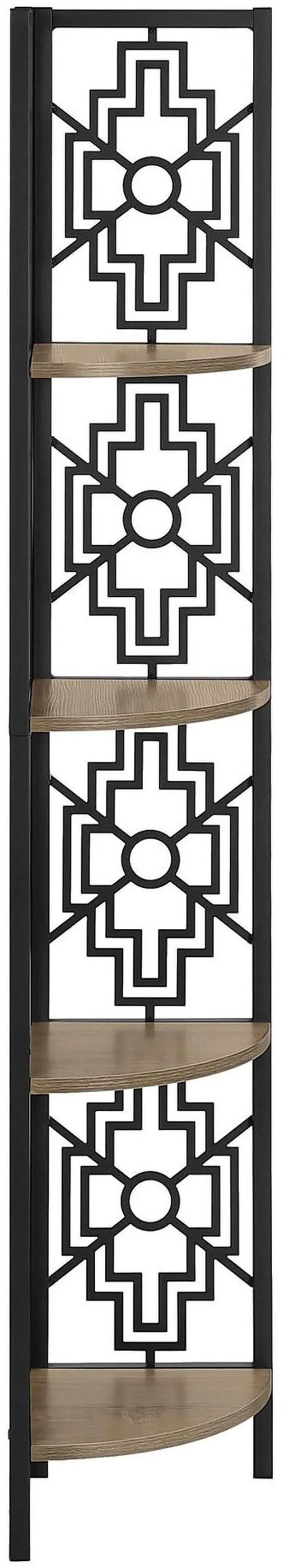 Alt view image 7 of 7 - Bookshelf, Bookcase, Etagere, Corner, 4 Tier, 62"h, Office, Bedroom, Brown Laminate, Black Metal, Transitional