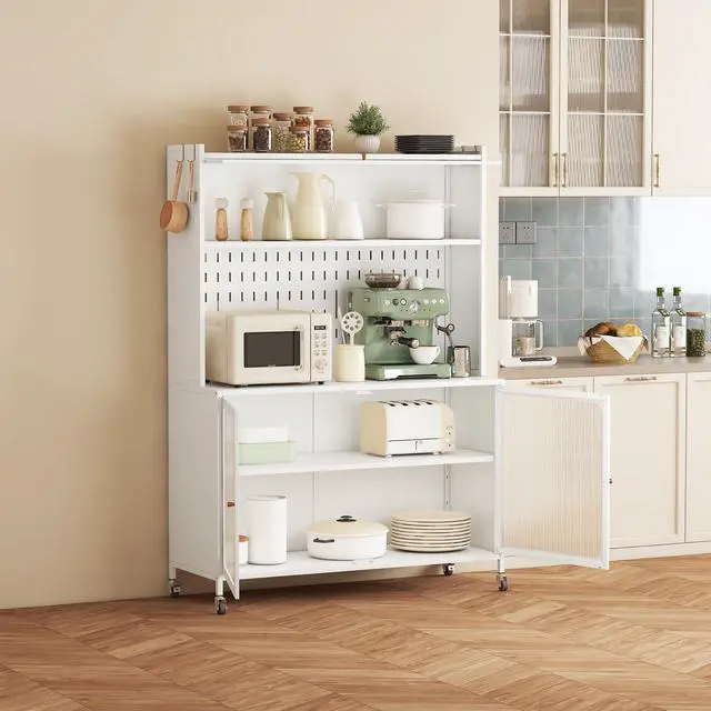 Alt view image 2 of 7 - Kitchen Pantry Cabinet, Tall Storage Cabinet with Glass Doors & Adjustable Shelves, Cabinet Cupboard for Kitchen, Living Room, Dinning Room, White