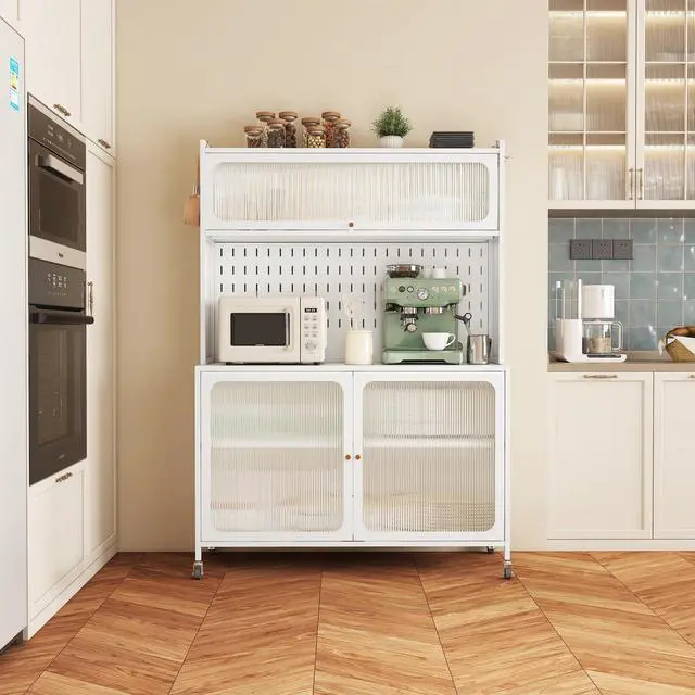 Alt view image 4 of 7 - Kitchen Pantry Cabinet, Tall Storage Cabinet with Glass Doors & Adjustable Shelves, Cabinet Cupboard for Kitchen, Living Room, Dinning Room, White