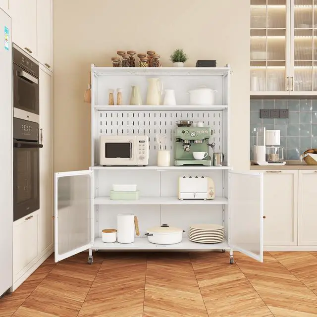 Alt view image 3 of 7 - Kitchen Pantry Cabinet, Tall Storage Cabinet with Glass Doors & Adjustable Shelves, Cabinet Cupboard for Kitchen, Living Room, Dinning Room, White
