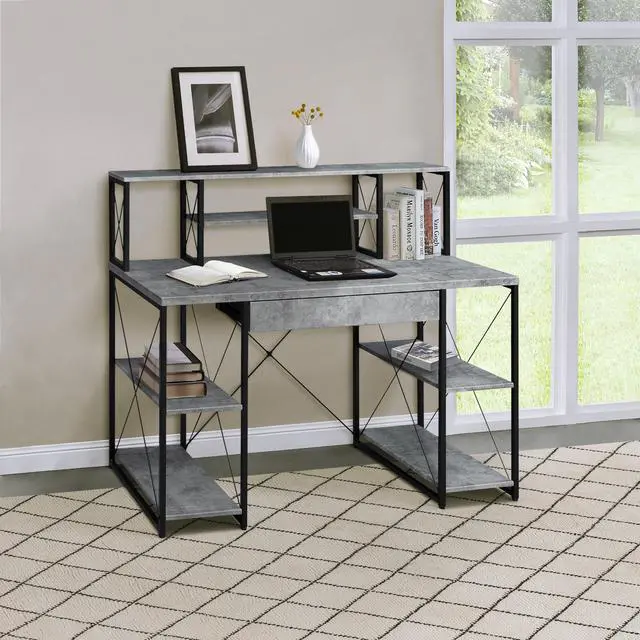 Main image of Grey and Black Office Desk with Open Shelves and Hutch
