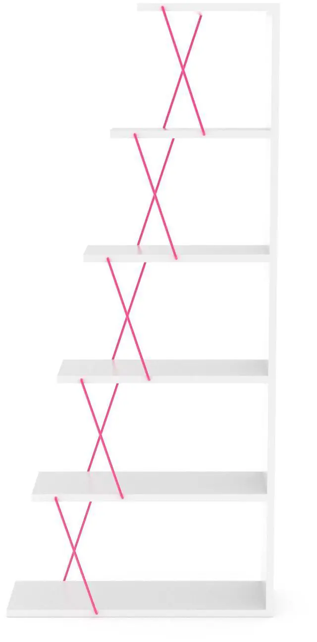 Alt view image 2 of 7 - Furnish Home Store Modern 5 Tier Ladder Bookshelf Organizers, Narrow Bookshelf for Small Spaces Office Furniture Bookcase ,White/Pink