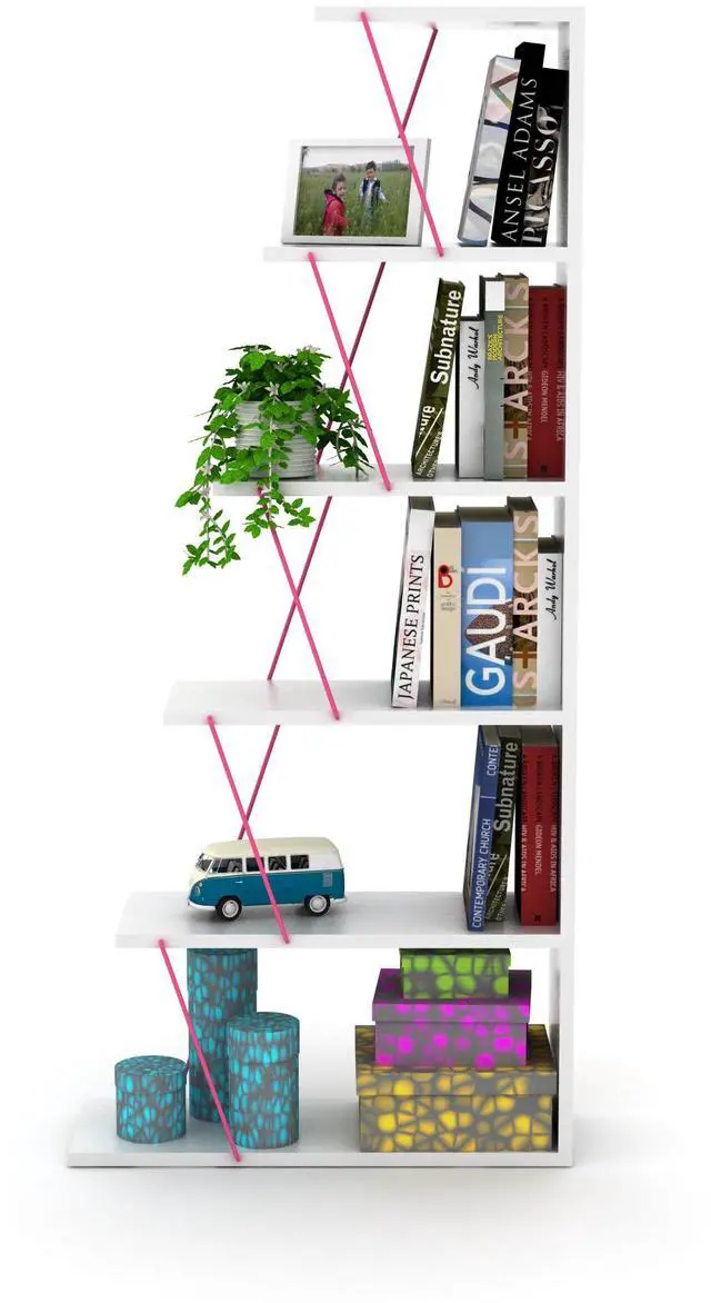 Alt view image 6 of 7 - Furnish Home Store Modern 5 Tier Ladder Bookshelf Organizers, Narrow Bookshelf for Small Spaces Office Furniture Bookcase ,White/Pink