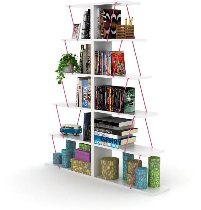 Alt view image 4 of 7 - Furnish Home Store Modern 5 Tier Ladder Bookshelf Organizers, Narrow Bookshelf for Small Spaces Office Furniture Bookcase ,White/Pink
