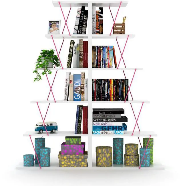 Alt view image 7 of 7 - Furnish Home Store Modern 5 Tier Ladder Bookshelf Organizers, Narrow Bookshelf for Small Spaces Office Furniture Bookcase ,White/Pink