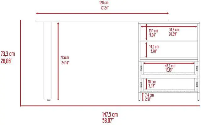 Alt view image 3 of 7 - Malaui 120 Desk, Two Legs, Two Drawers, Two Shelves -Light Gray