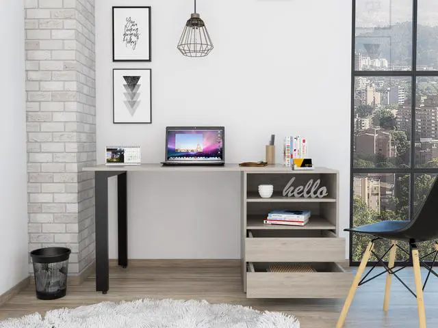 Alt view image 5 of 7 - Malaui 120 Desk, Two Legs, Two Drawers, Two Shelves -Light Gray