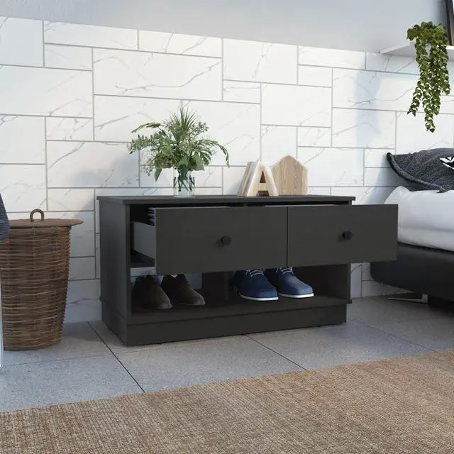 Alt view image 5 of 7 - Hamilton Storage Bench, Two Open Shelves, Two Drawers -Black