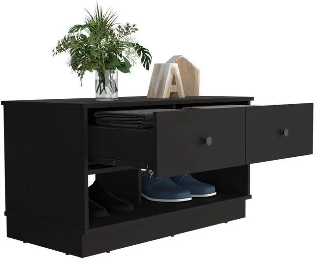 Alt view image 7 of 7 - Hamilton Storage Bench, Two Open Shelves, Two Drawers -Black