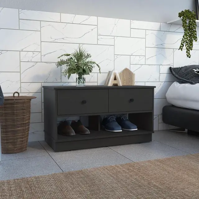 Main image of Hamilton Storage Bench, Two Open Shelves, Two Drawers -Black