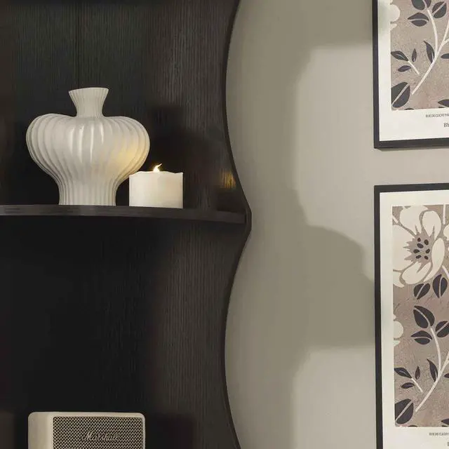 Alt view image 2 of 7 - Five shelf corner bookcase rounded shelf fronts quarter circle red cocoa color