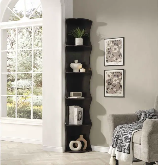 Main image of Five shelf corner bookcase rounded shelf fronts quarter circle red cocoa color