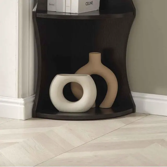 Alt view image 4 of 7 - Five shelf corner bookcase rounded shelf fronts quarter circle red cocoa color