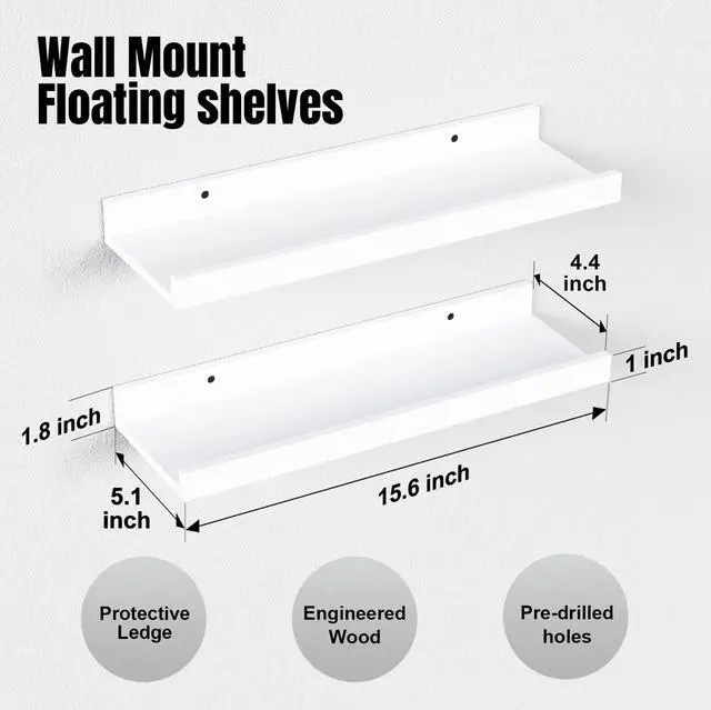 Alt view image 2 of 6 - Floating Shelves Wall Mounted Set of 2, Modern White Shelves for Room