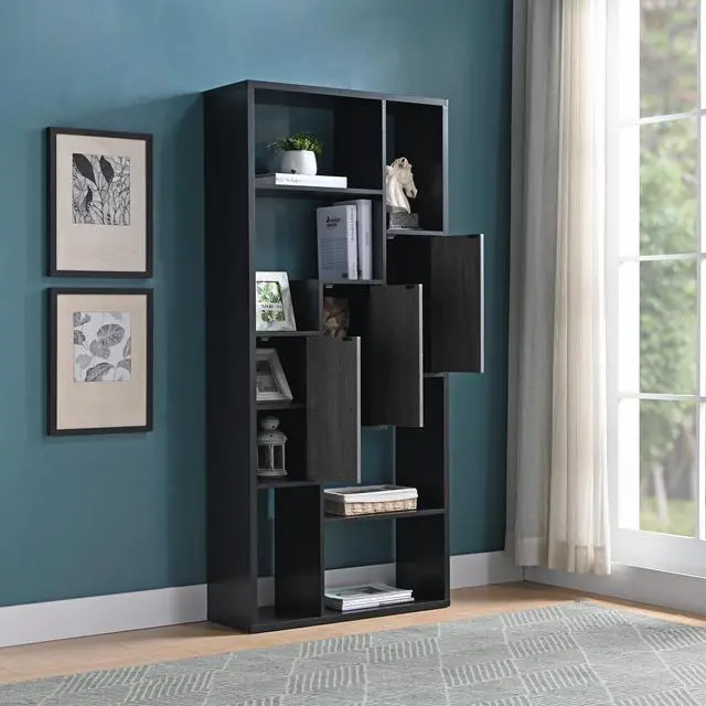 Alt view image 2 of 5 - Bookcase Display Storage Cabinet, Multi Shelves Black & Distressed Grey