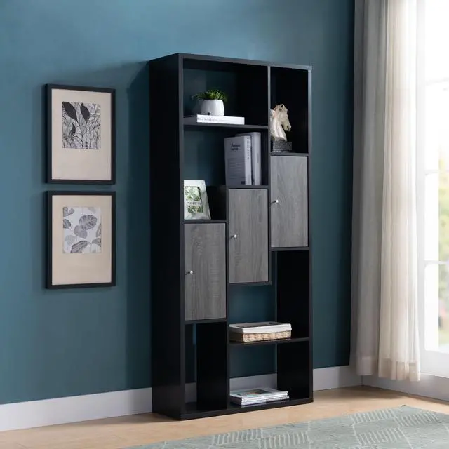 Main image of Bookcase Display Storage Cabinet, Multi Shelves Black & Distressed Grey