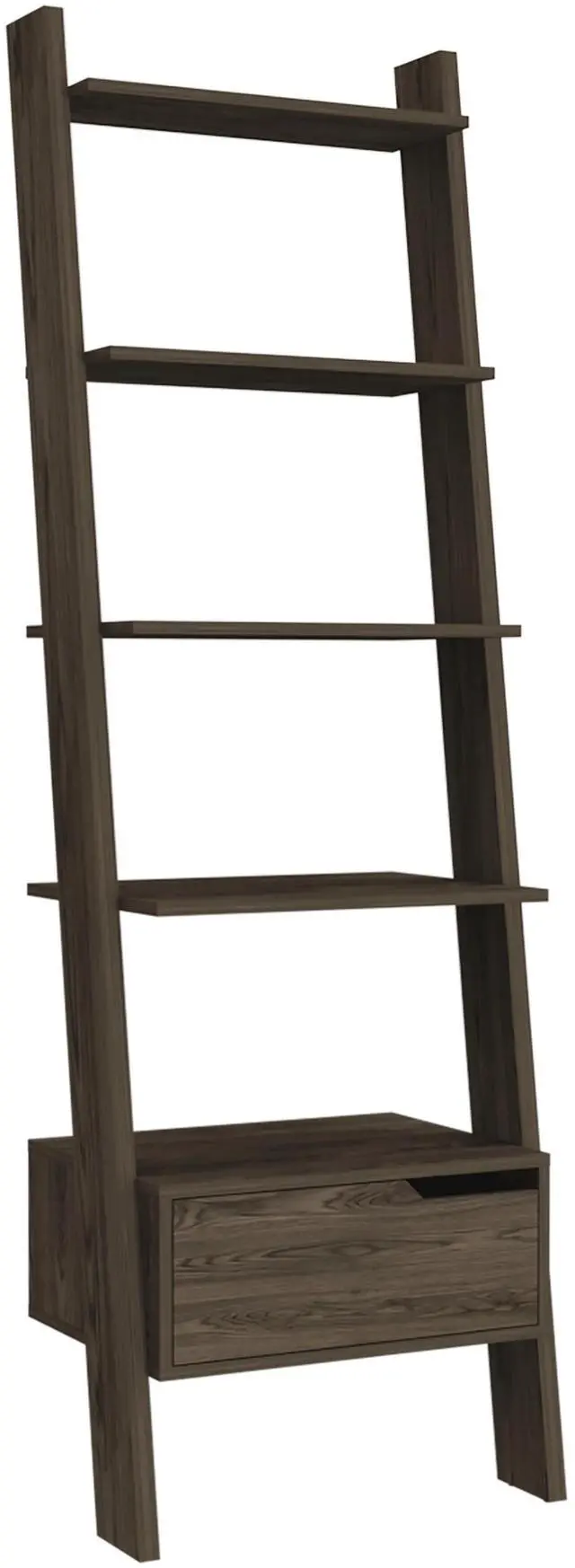 Alt view image 2 of 7 - Oslo Ladder Bookcase, Four Legs, One Drawer, Five Open Shelves -Dark Walnut