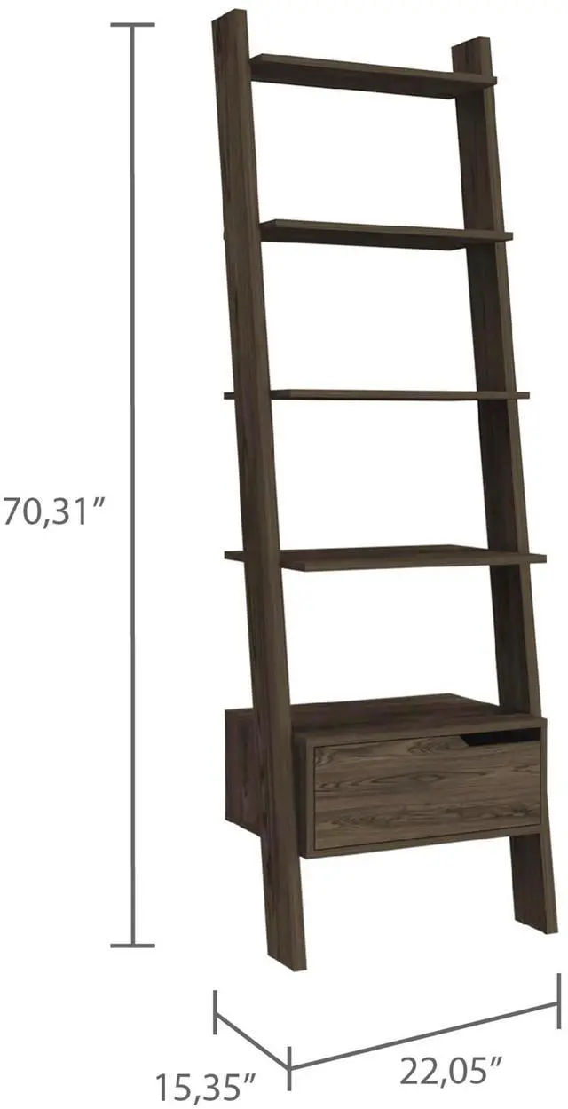 Alt view image 4 of 7 - Oslo Ladder Bookcase, Four Legs, One Drawer, Five Open Shelves -Dark Walnut