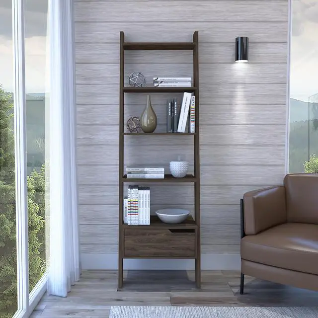 Main image of Oslo Ladder Bookcase, Four Legs, One Drawer, Five Open Shelves -Dark Walnut