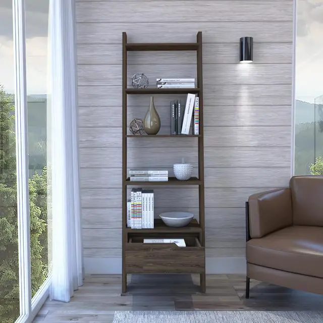 Alt view image 5 of 7 - Oslo Ladder Bookcase, Four Legs, One Drawer, Five Open Shelves -Dark Walnut