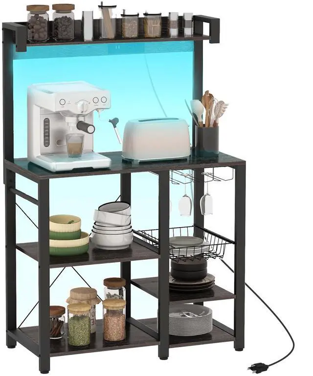 Main image of HOMCOM Baker's Rack with Power Outlet and LED Lights, Bakers Racks for Kitchens with Storage, Industrial Microwave Stand with Glass Holders, Metal Basket, Multiple Shelves, Gray