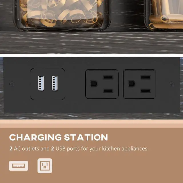 Alt view image 4 of 7 - HOMCOM Baker's Rack with Power Outlet and LED Lights, Bakers Racks for Kitchens with Storage, Industrial Microwave Stand with Glass Holders, Metal Basket, Multiple Shelves, Gray