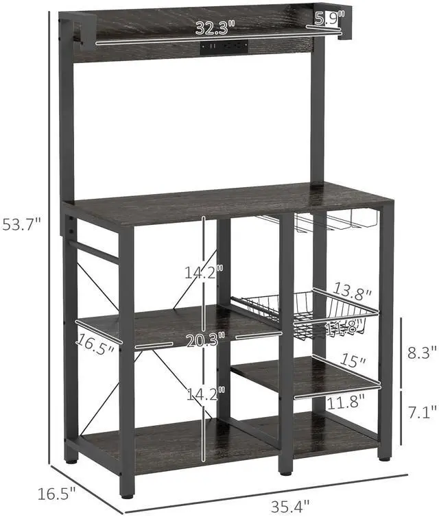 Alt view image 7 of 7 - HOMCOM Baker's Rack with Power Outlet and LED Lights, Bakers Racks for Kitchens with Storage, Industrial Microwave Stand with Glass Holders, Metal Basket, Multiple Shelves, Gray